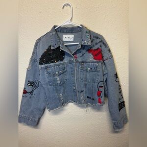 Embellished Cropped Denim Jacket with Beaded Patches - Light Blue Ma Cherie•